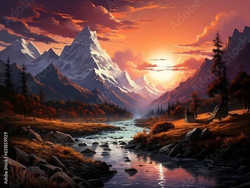  An awe-inspiring wall art mural depicting a vast and breathtaking mountain landscape, capturing the majestic beauty of nature generative ai