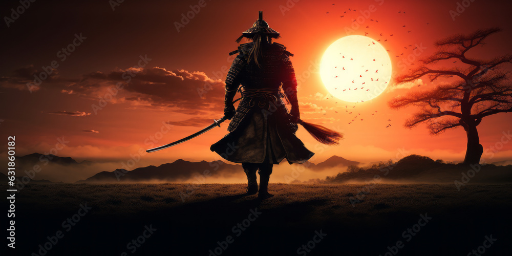 photo of a samurai walking to the sun