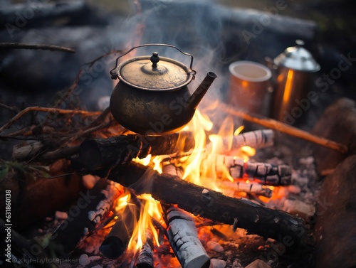 Tea is prepared in a metal kettle on an open fire at a campsite.