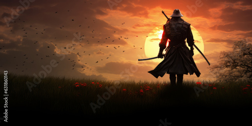 photo of a samurai walking to the sun