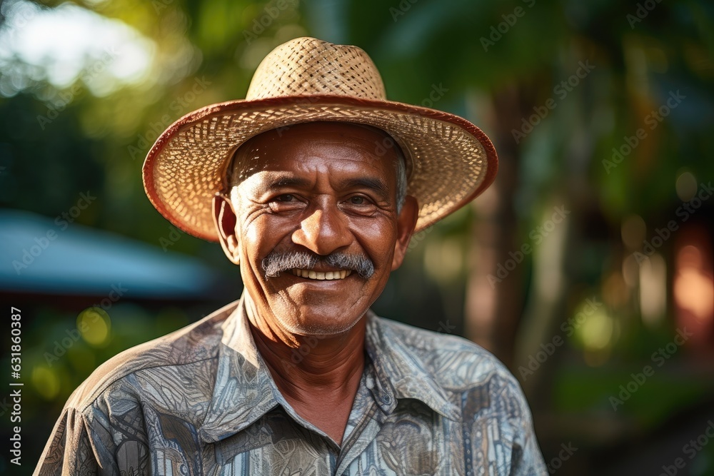 Portrait of an happy old Mexican man wearing a straw hat.
