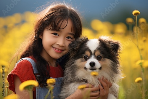 cute asian girl holding her dog in meadow with flowers , AI Generated