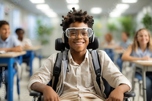 estudiante en silla de ruedas en clase de ciencias, con movilidad reducida, en el aula de la escuela sonriendo, inclusión y discapacidad, niño en secundaria 