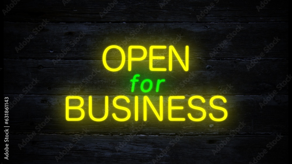 open for business neon effect on dark wooden background