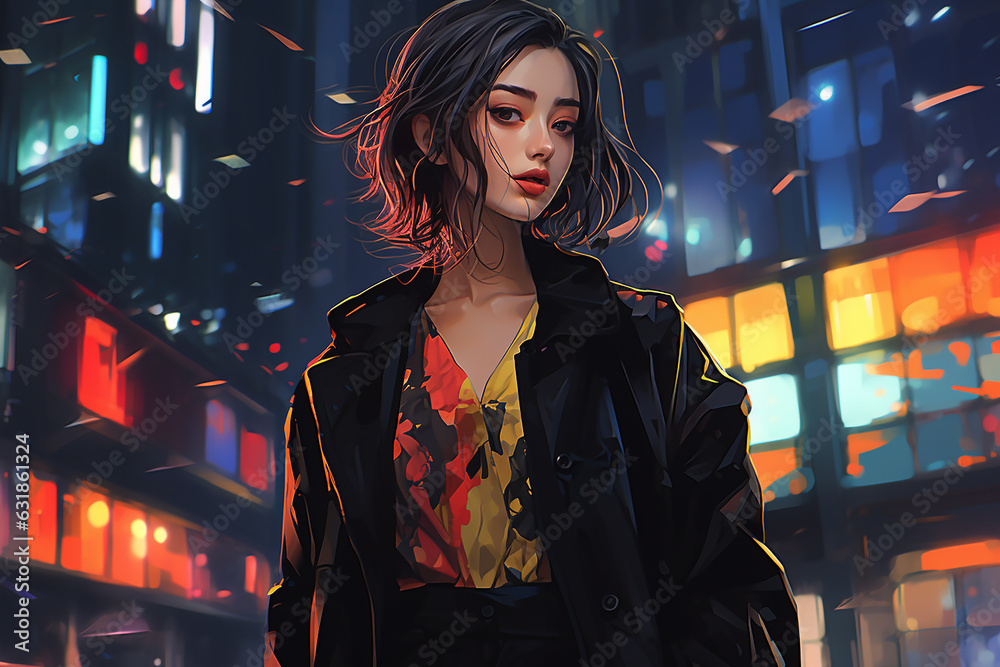 Stylish pose of illustration woman during night time in city Stylish pose of illustration woman during night time in city