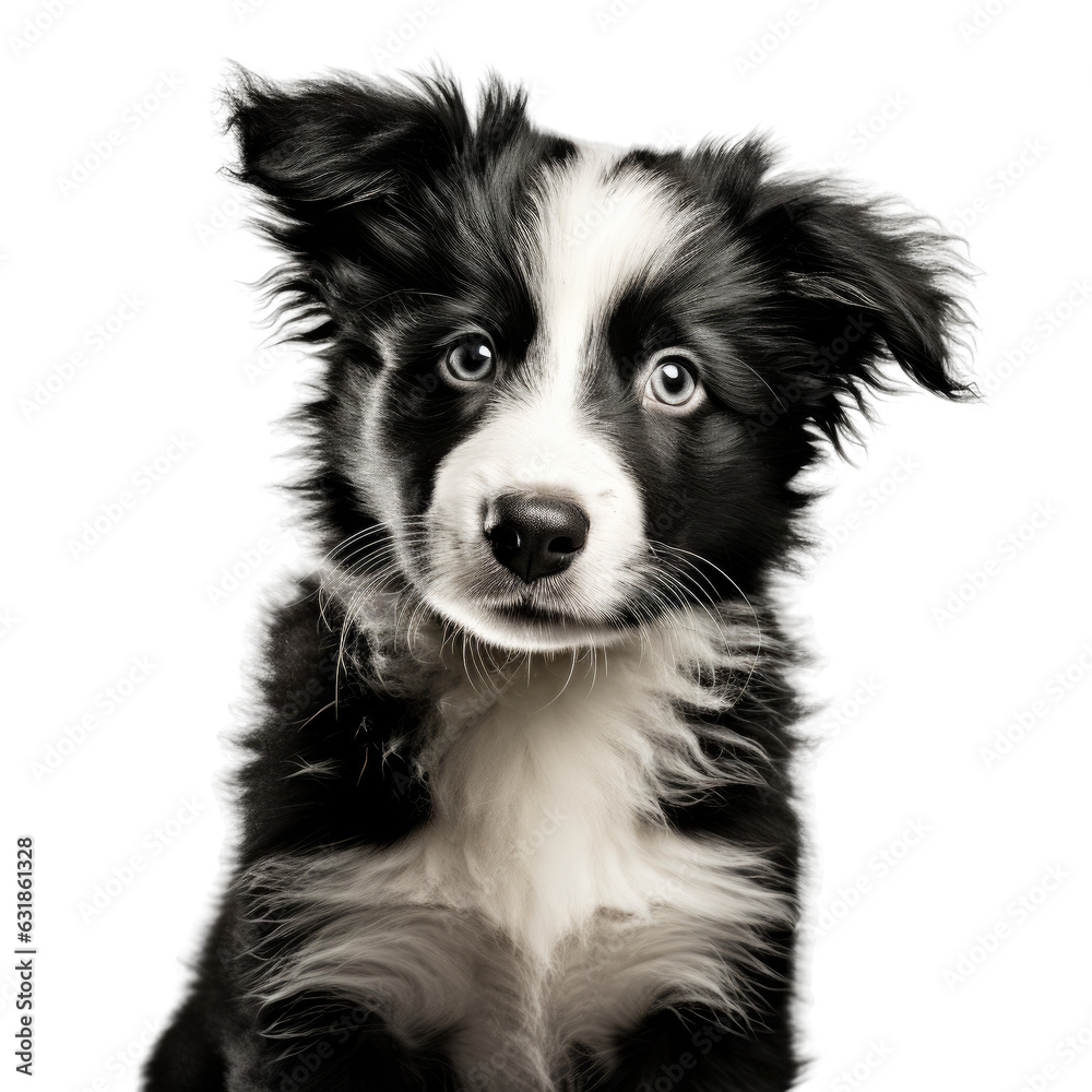 Black and white Border Collie puppy posed in a studio against transparent backround.