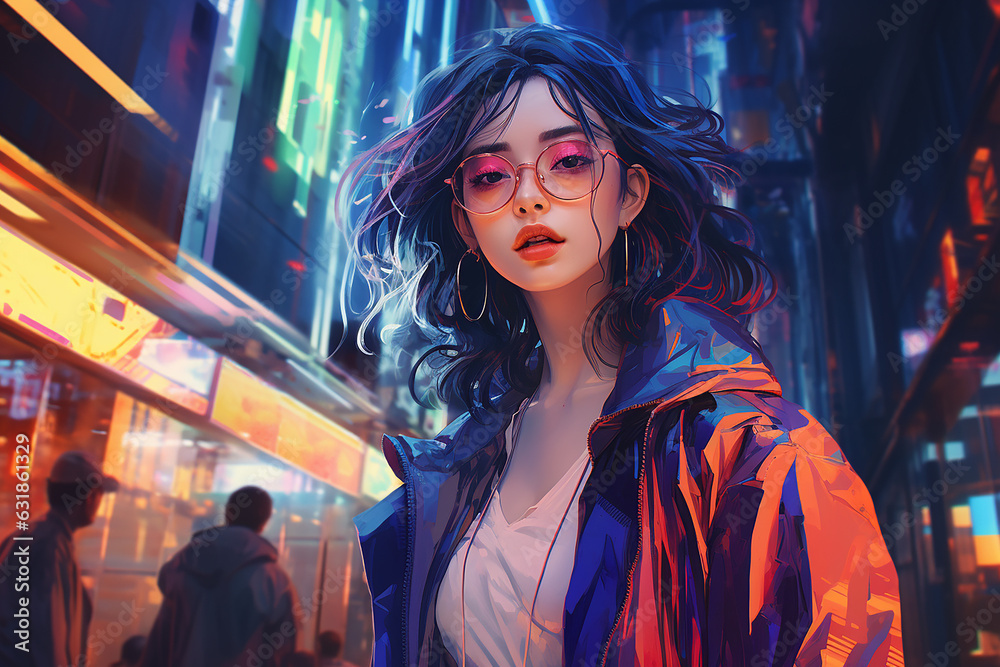 Fototapeta premium Stylish pose of illustration woman during night time in city 