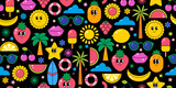 Summer cartoon seamless pattern in vibrant bright colors. Beach, holiday, travel, vacation icons, stickers. Cute retro style. Repeat design for textile, fabric, wallpaper.