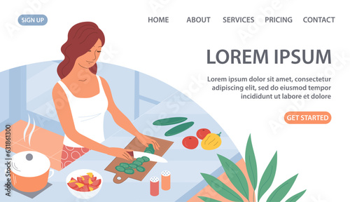 A young woman prepares a homemade dinner in the kitchen. Kitchen table. Cook dinner recipe. Healthy diet food. Home life. Design for banner, website, poster. Vector illustration on white background