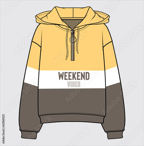 LONG SLEEVES HOODED SPORTY CROP SWEAT TOP WITH CUT AND SEW DETAIL AND TEXT GRAPHIC DESIGNED FOR WOMEN AND TEEN GIRLS IN VECTOR FILE