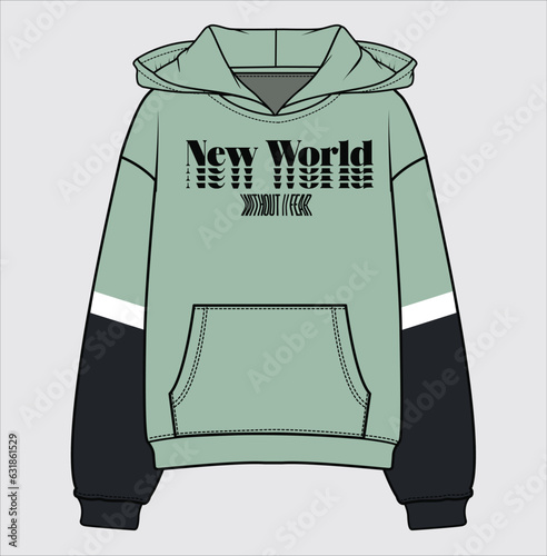 LONG SLEEVES HOODED SPORTY CROP SWEAT TOP WITH CUT AND SEW DETAIL AND TEXT GRAPHIC DESIGNED FOR WOMEN AND TEEN GIRLS IN VECTOR FILE