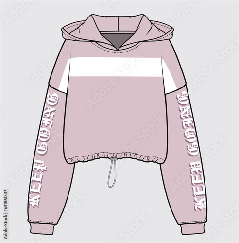 LONG SLEEVES HOODED SPORTY CROP SWEAT TOP WITH CUT AND SEW DETAIL AND TEXT GRAPHIC DESIGNED FOR WOMEN AND TEEN GIRLS IN VECTOR FILE
