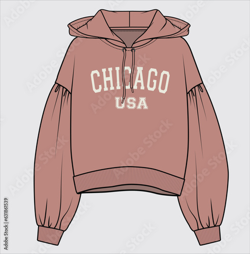 HOODED SPORTY CROP SWEAT TOP WITH DROP SHOULDER AND PUFF LONG SLEEVES DETAIL AND TEXT GRAPHIC DESIGNED FOR WOMEN AND TEEN GIRLS IN VECTOR FILE
