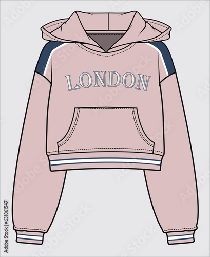 LONG SLEEVES HOODED SPORTY CROP SWEAT TOP WITH CUT AND SEW DETAILAND TEXT GRAPHIC DESIGNED FOR WOMEN AND TEEN GIRLS IN VECTOR FILE