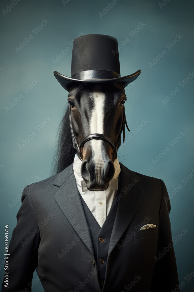 Portrait of black horse in tuxedo suit with top hat. AI generative art