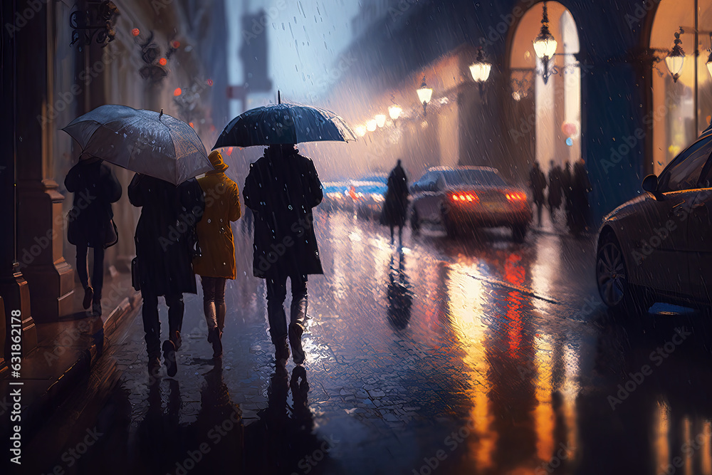 people in a city walking in the rain, ai generated