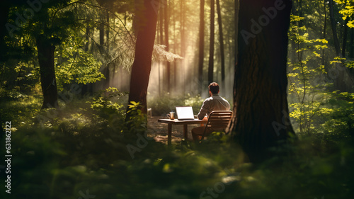Man working in nature, teleworking, plant a tree, man with laptop in a forest, computer, informatic, feeling good at work, working from home, remote working, back to nature, ecology