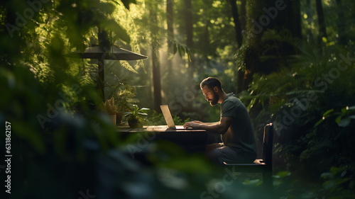 Man working in nature, teleworking, plant a tree, man with laptop in a forest, computer, informatic, feeling good at work, working from home, remote working, back to nature, ecology