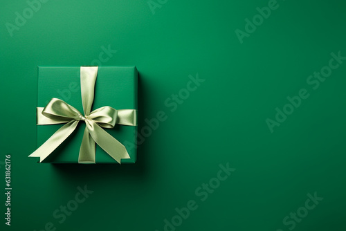 Green paper gift box on green background. Green friday, sustainable consumption, sustainability, zero waste concept. Top view. Copy space for text