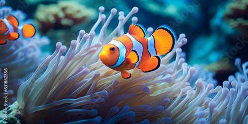 Canvas Print Close-up of clownfish nestled in anemone within vibrant underwater coral reef, s