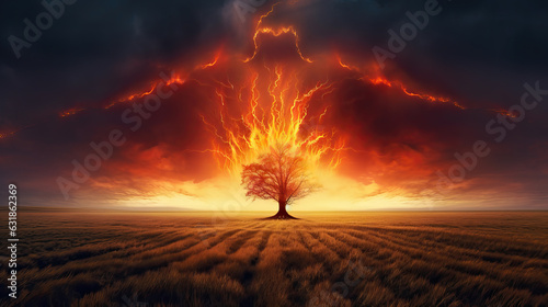 burning tree on a field , ai generated