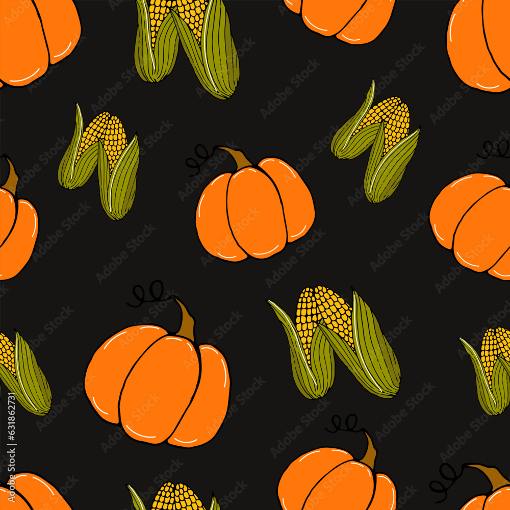 seamless pattern colored doodle vegetables pumpkins and corn on black - autumn background, vector illustration. For packaging, textiles, wallpapers, web design