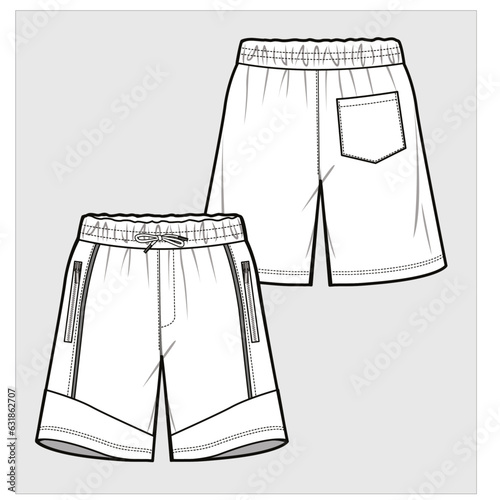 CUT AND SEW SHORTS WITH ZIPPER POCKET DETAIL DESIGNED FOR MEN YOUNG MEN AND BOYS GYM WEAR AND CASUAL WEAR IN VECTOR ILLUSTRATION