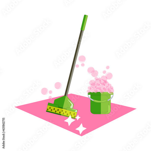 vector flat illustration - cleaning, mopping, mop and bucket with detergent and foam from soap bubbles