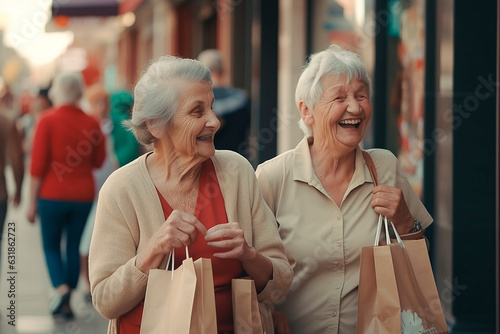 Joyful elderly women go shopping. Generative ai.