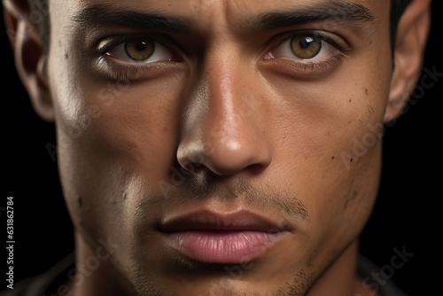 Extreme close-up of handsome latino man, ai generated