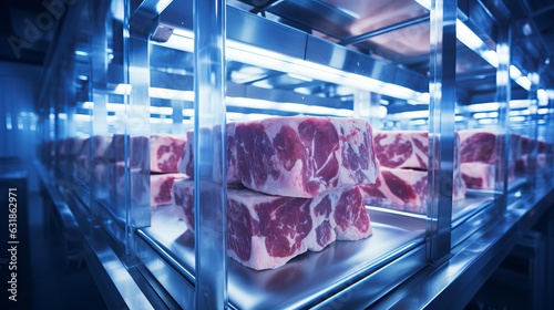 Artificial meat is produced in the laboratory. Analysis of the composition of meat and test tubes with pieces of beef. Technology of growing food products from chicken and pork fibers. Generative AI.
 photo