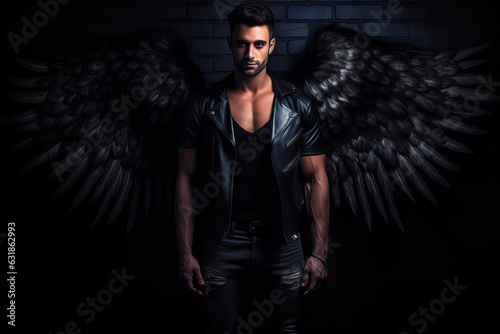 beautiful man with black angel wings, ai generated photo