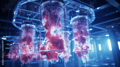 Artificial meat is produced in the laboratory. Analysis of the composition of meat and test tubes with pieces of beef. Technology of growing food products from chicken and pork fibers. Generative AI. 
