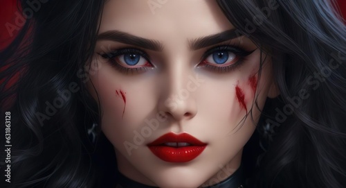 Photorealistic Vampiric Beauty Amidst Dark Fantasy. Cyberpunk Warrior in Ruined Cityscape