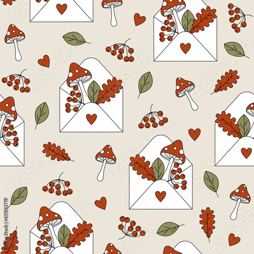 Seamless pattern with envelope, autumn falling leaves, rowanberry and fly agaric. Fall forest, garden, park. Vector background