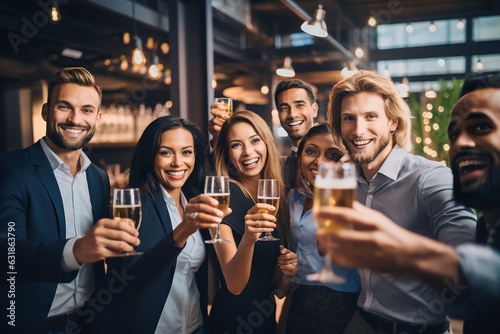 Group of diverse business people holding drinks celebrating success
