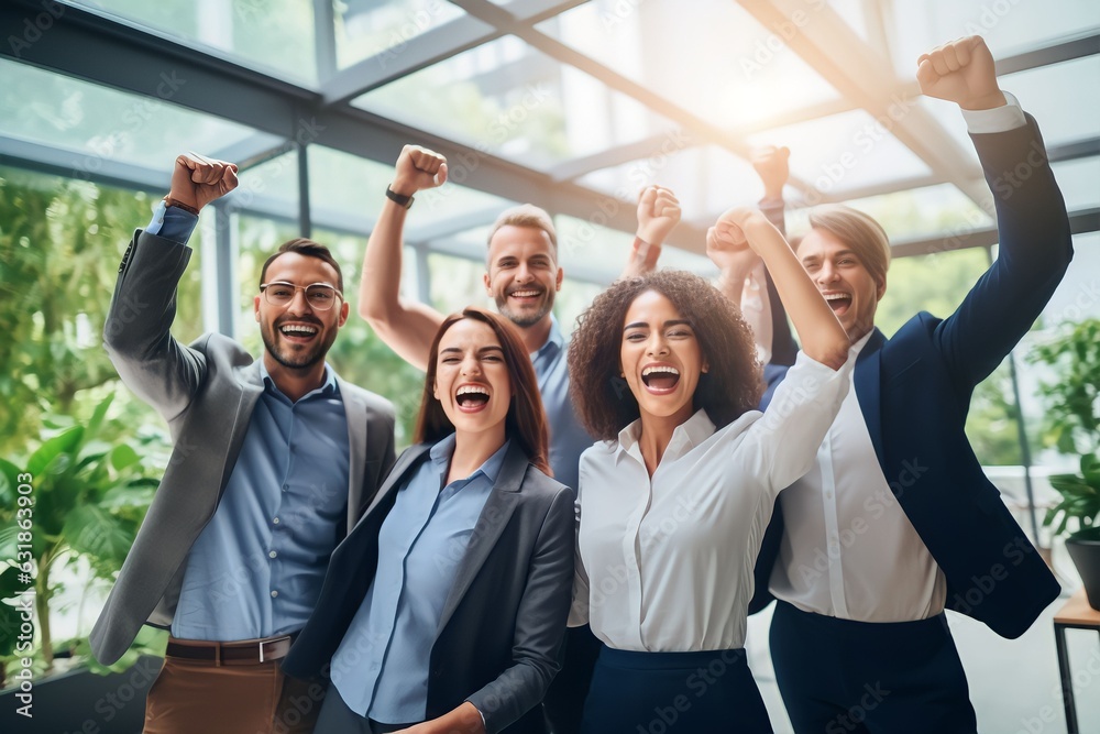 Obraz premium Group of diverse business people raising hands celebrating success