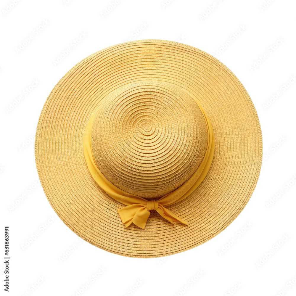 Top view of a yellow straw hat for women, isolated on a transparent backround. Top view of a yellow straw hat for women, isolated on a transparent backround.