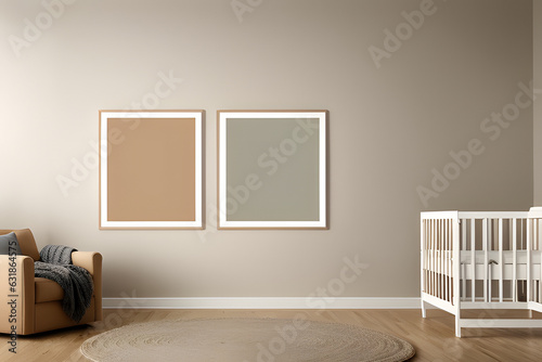 Poster mockup in minimal nursery design  wooden frames on beige interior background