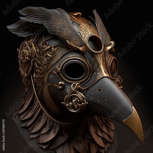 Steampunk man helmet, bird mask, steampunk style, close-up, on a dark background, illustration, fantasy