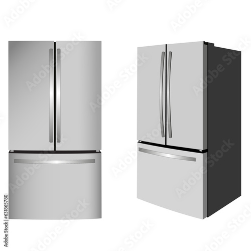 French door refrigerator or Refrigerator with four doors and internal water dispenser vector image illustration in different angles