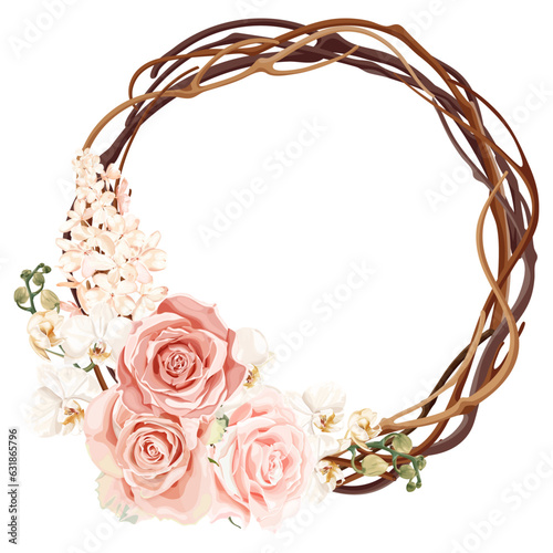 Boho, bohemian vine wreath with white phalaenopsis orchid, rose and hydrangea flowers. Wedding floristry.