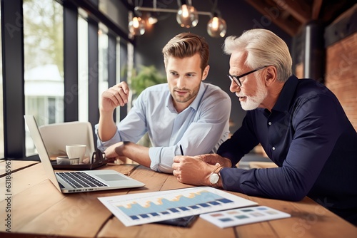 Mature male businessman and his senior father looking at and studying monthly finances on laptop computer