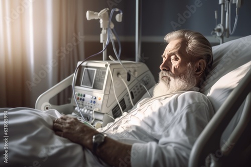 Senior man in poor health sleeping in a hospital bed while hospitalized during the afternoon. Old gray-haired man hospitalized. photo