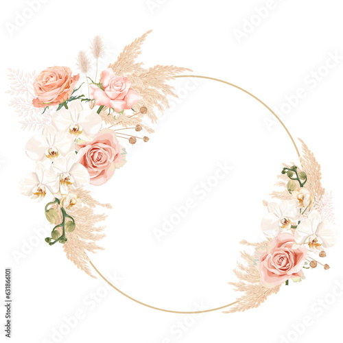 Boho, bohemian wreath with white phalaenopsis orchid flowers, pink rose, reeds and dry plants. Wedding floristry.