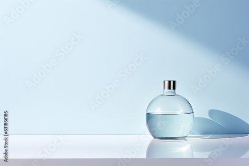 Simple modern composition for product,bottle and shadow on blue background. Creative minimal background. Copy space. Generative AI.