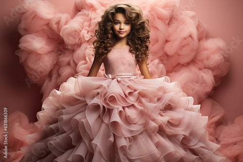 Beautiful baby doll princess girl with curly hair in a pink fluffy princess luxury dress on pink background. Holiday celebrations concept