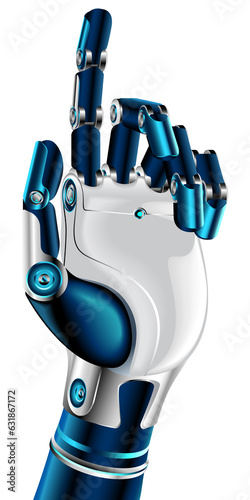 Robot arm or hand pointing index finger on transparency background. Robotic mechanical limb of AI. Cyborg hand touch.