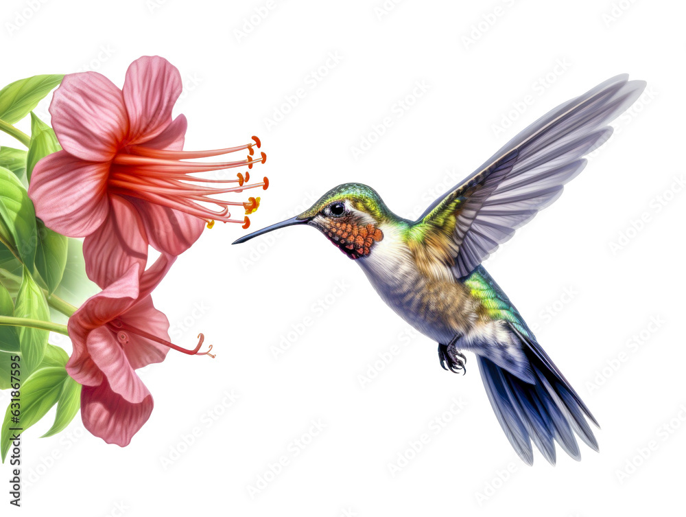 Bunter Kolibri sammelt Nektar an Blüten von tropischen Blumen, transparenter Hintergrund, generative KI - obrazy, fototapety, plakaty 