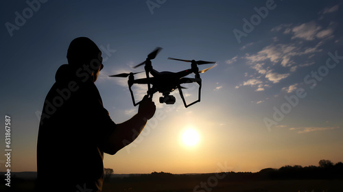 unmanned aerial vehicle in the hands of a man  silhouette against the background of the sky